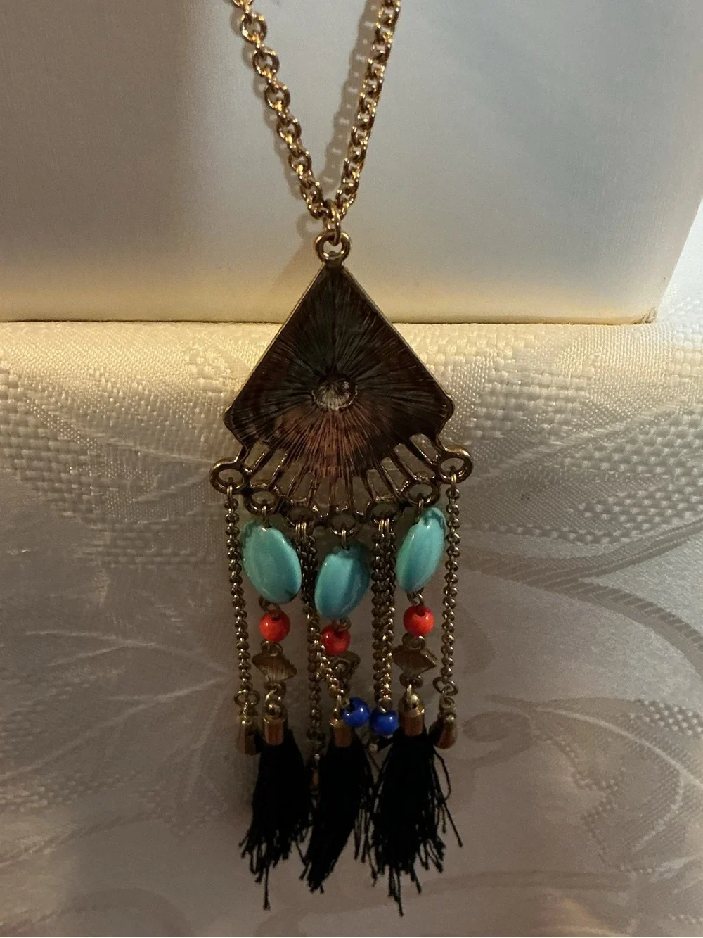 Chandelier Tassel Turquoise Color Coral Blue Bead Gold Tone Necklace